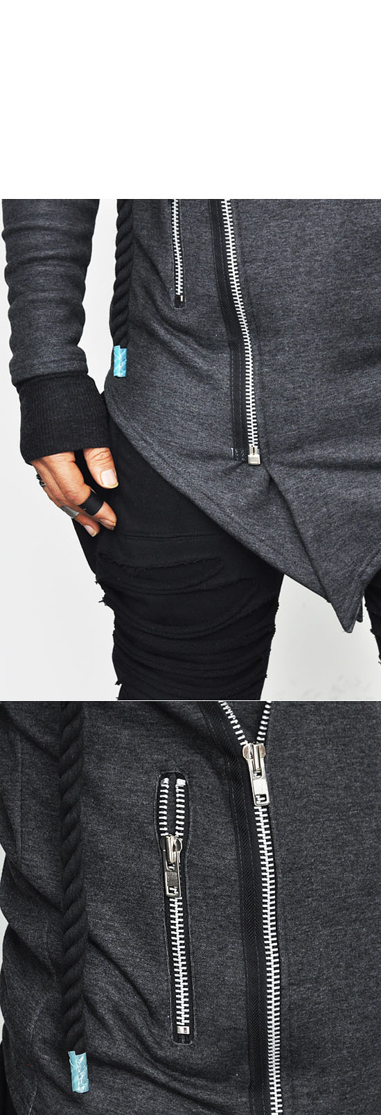 Diagonal Haute Couture Men's Big Hood Designer Long Rope Jacket Hoodie